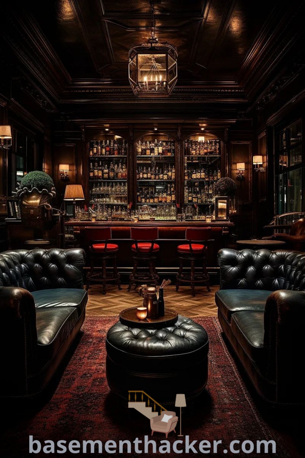 A dimly lit living room with leather couches and a bar in the background, embodying speakeasy decor for a stylish whiskey lounge. Ideal for ultimate entertaining, this setting offers innovative ideas for designing a functional home bar. Explore decor inspiration at basementhacker.com.