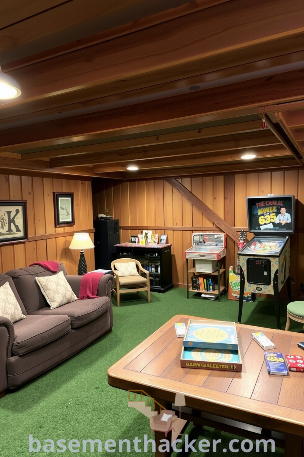 Charming basement game room featuring a wooden beam ceiling, cozy couch, vintage pinball machine, and board games, designed for ultimate entertaining and fun-filled evenings, showcased on basementhacker.com.