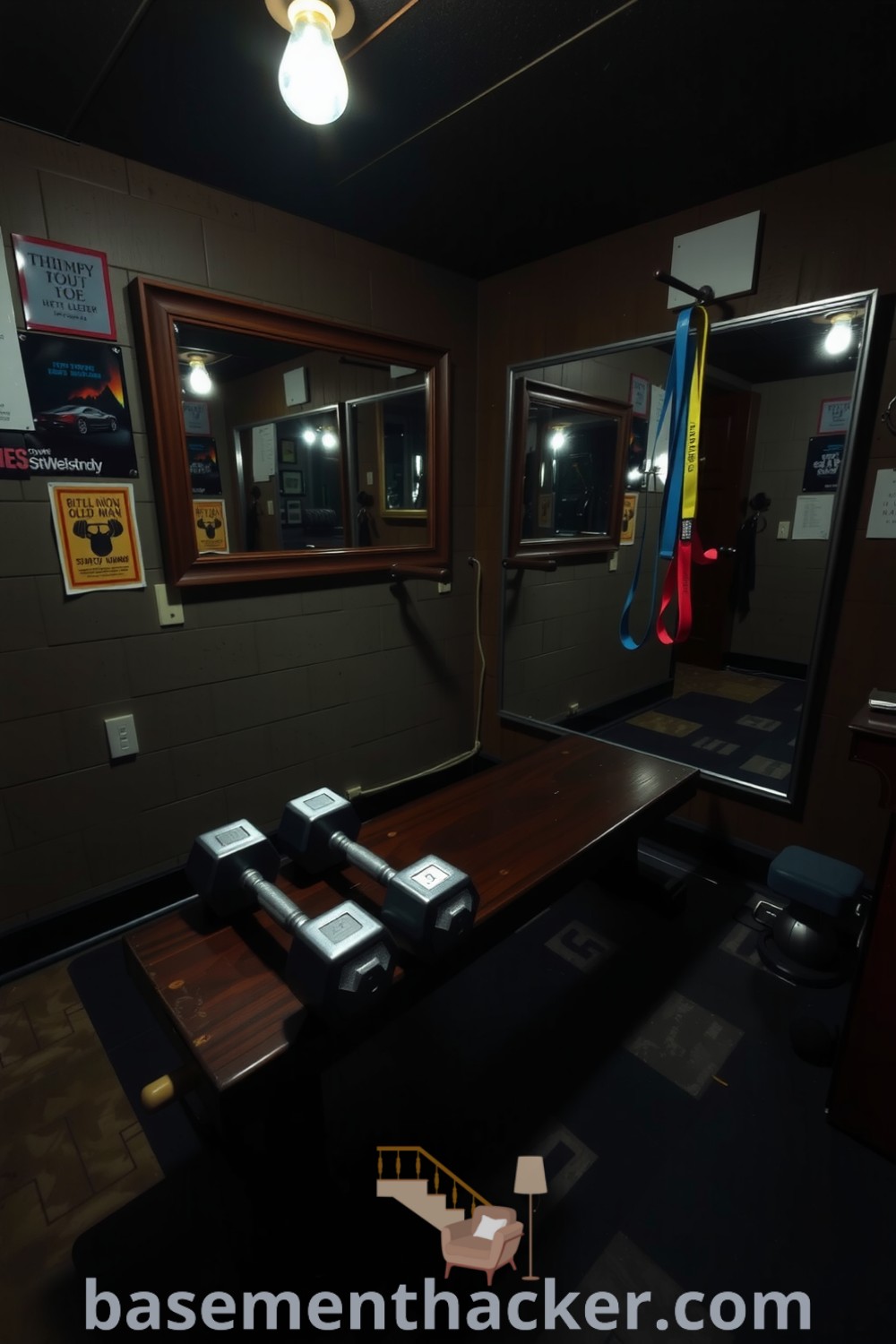 Stylish basement gym featuring a wooden bench, dumbbells, exercise bands, and motivational posters, ideal for a cozy and organized home design, showcased on basementhacker.com.