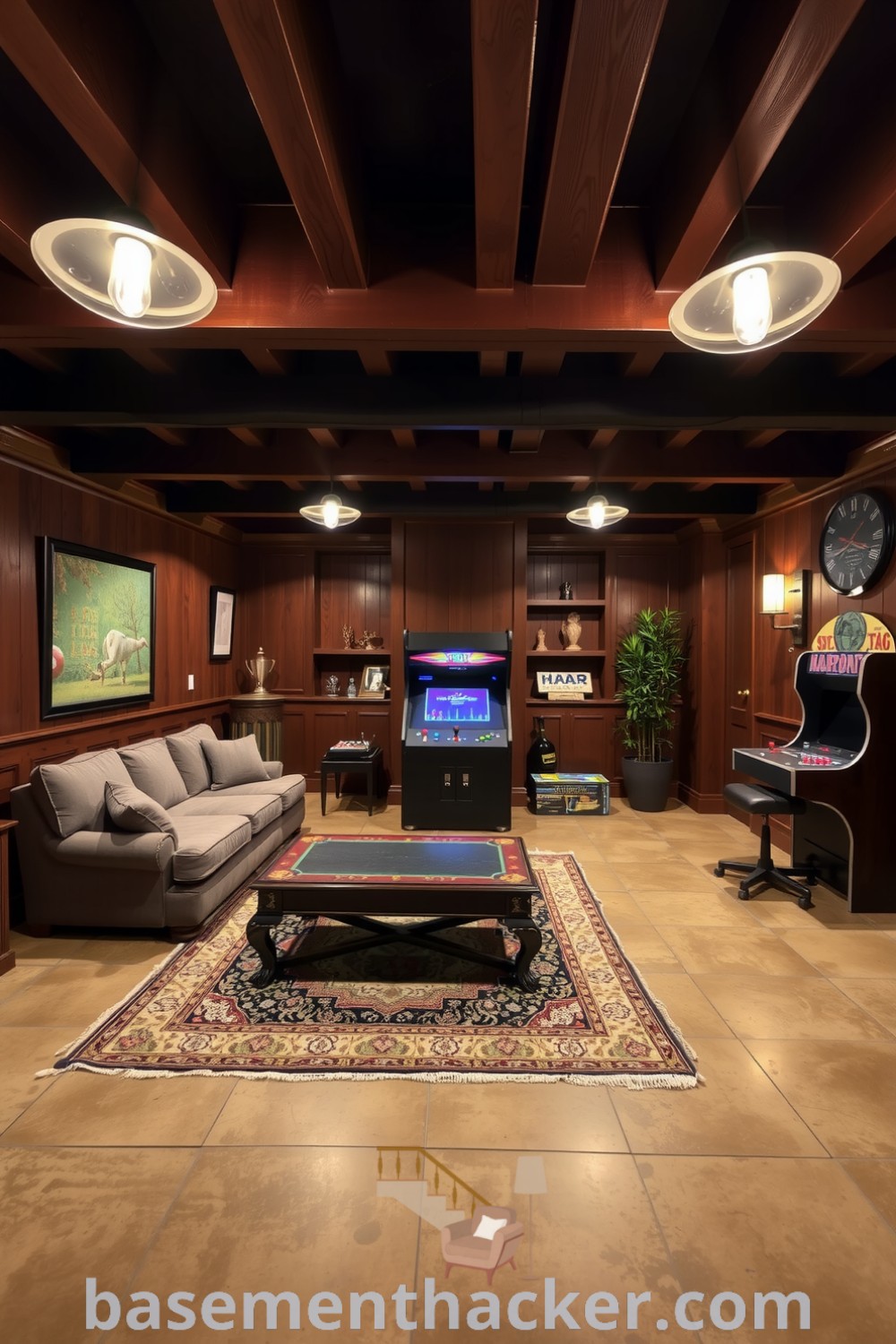 Cozy basement game room featuring wooden beams, dark wood paneling, plush sofa, vintage arcade console, and nostalgic game trophies, designed for ultimate entertaining and family enjoyment, presented on basementhacker.com.