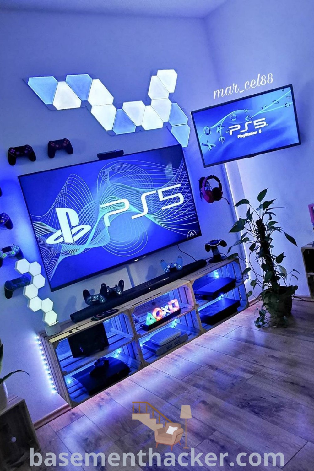 A stylish gaming room with a large television mounted on the wall and video game controllers, showcasing design ideas for boys