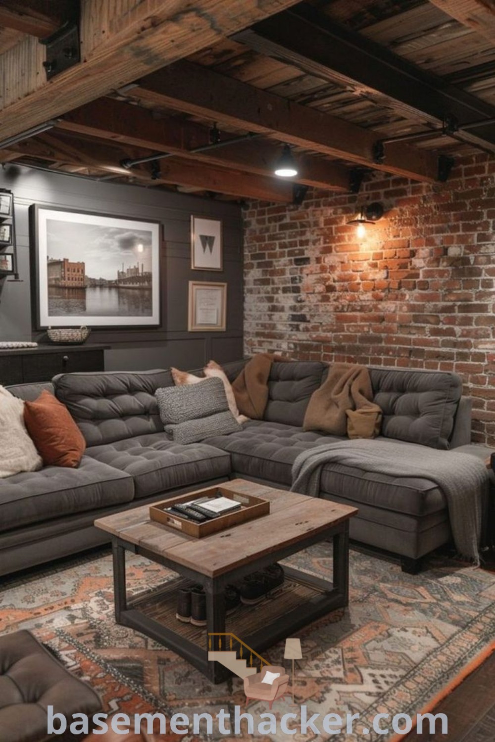 A cozy living room filled with furniture and striking exposed brick walls, showcasing industrial style through innovative basement design ideas. This space offers stylish and functional home design concepts suitable for modern living, perfect for entertaining and relaxation. Learn more at basementhacker.com.