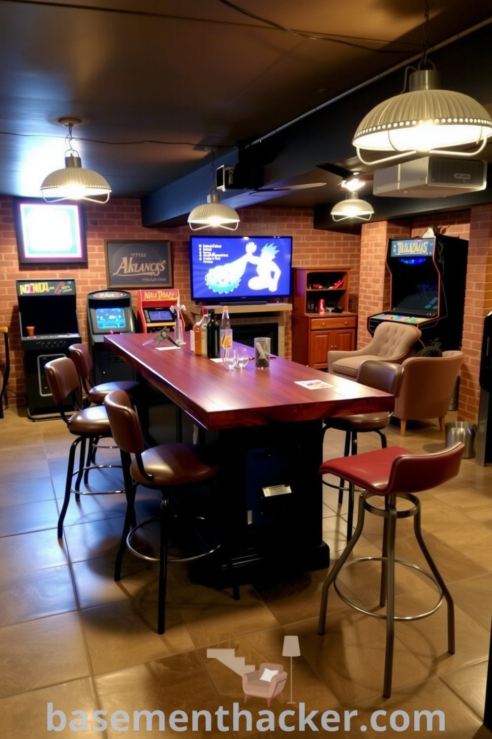 Stylish basement game room featuring a rustic wooden bar, worn leather barstools, an inviting sectional couch, vintage arcade machine, and pendant lights, perfect for ultimate entertaining, showcased on basementhacker.com.