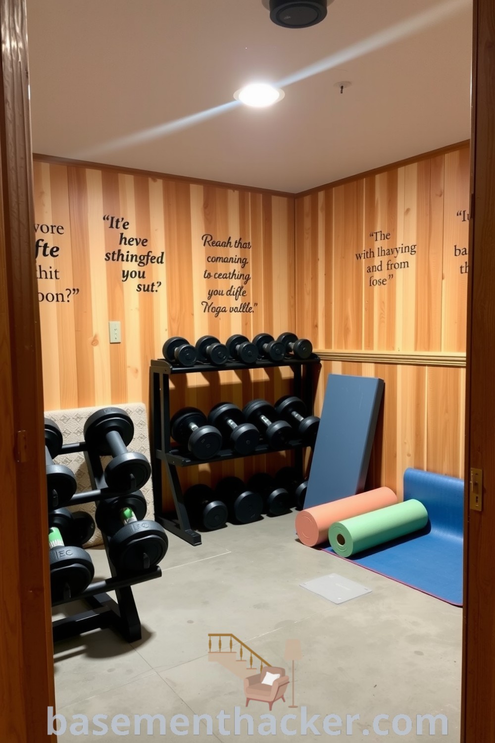 Stylish basement gym featuring cedar accents, polished concrete floors, motivational wall quotes, free weights, and a yoga corner, ideal for a cozy and organized workout space, showcased on basementhacker.com.