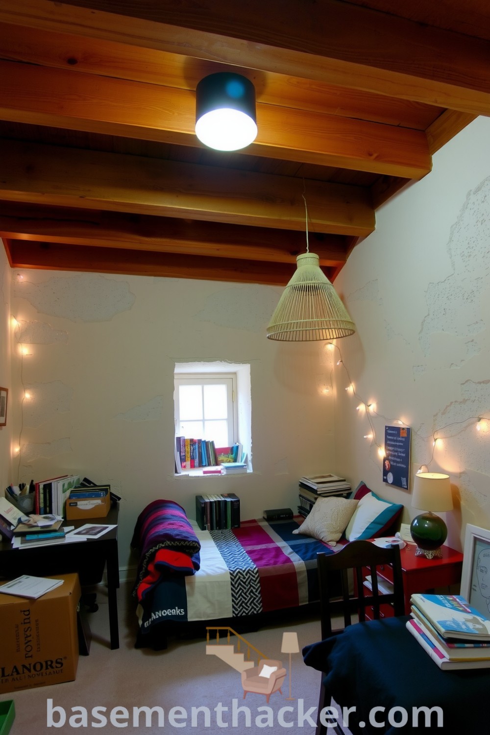 Cozy basement bedroom featuring warm wooden beams, a twin bed with colorful blankets and mismatched pillows, a cluttered desk, and twinkling fairy lights, ideal for a stylish and functional home design, as seen on basementhacker.com.