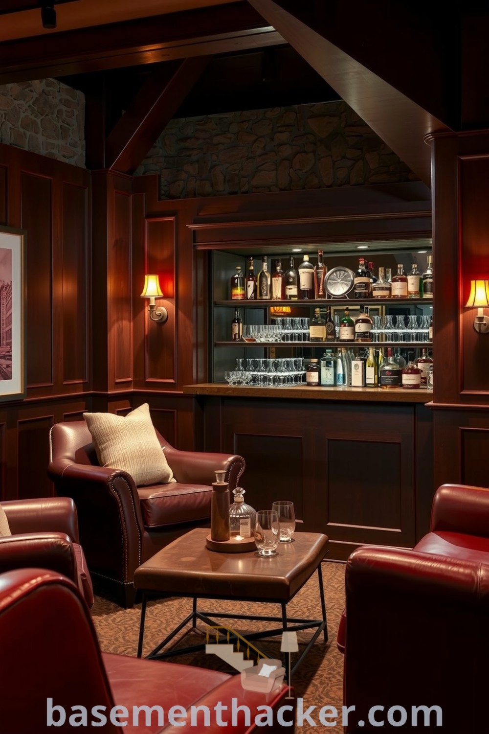 Basement whiskey lounge featuring rich wood paneling, stone walls, plush leather armchairs, and vintage sconces, ideal for stylish bonus room design and ultimate entertaining, showcased on basementhacker.com.