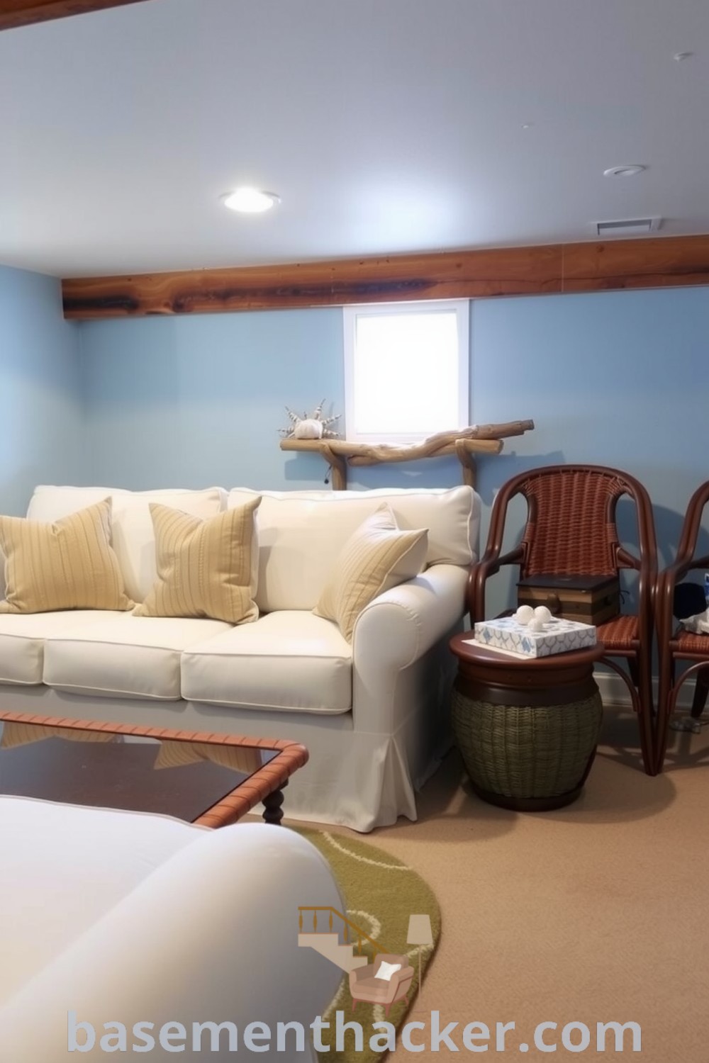 Inviting basement living room styled with coastal charm, featuring pale blue walls, a cream sofa, wicker furniture, and driftwood accents, perfect for stylish and functional home design ideas, showcased on basementhacker.com.