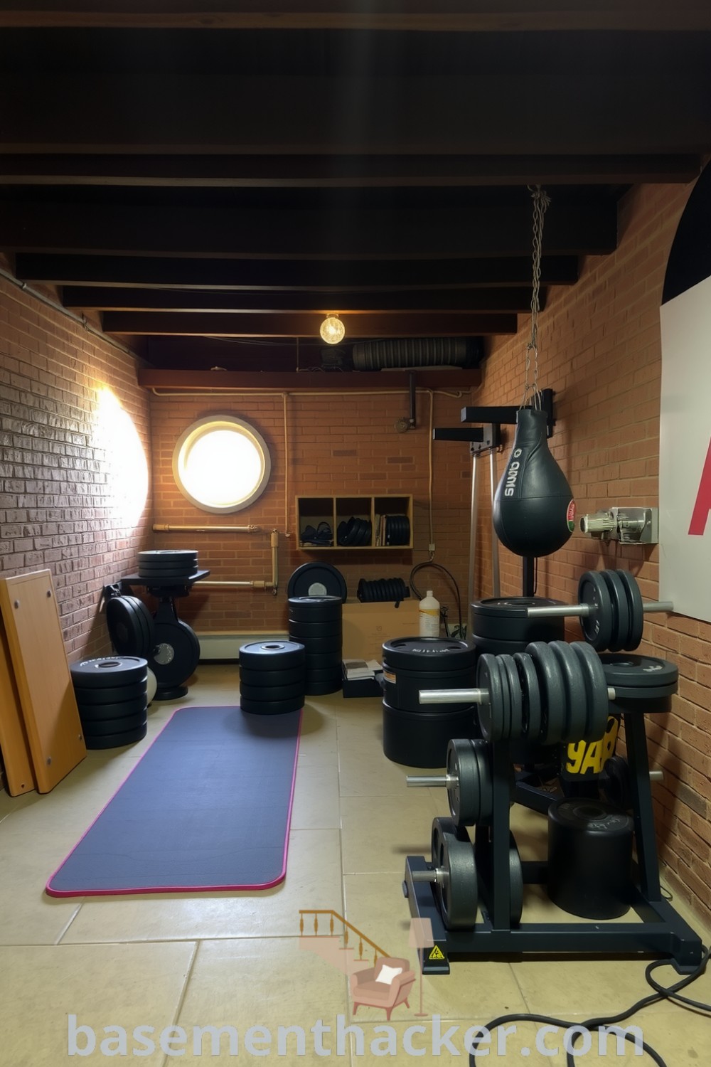 Cozy home gym with exposed brick walls and wooden beams, featuring organized weights, a well-worn exercise mat, and natural light filtering through a round window, perfect for a stylish and functional home design, showcased on basementhacker.com.