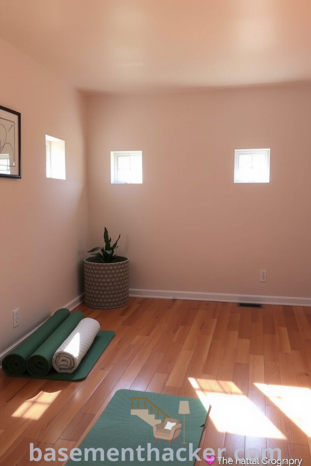 Cozy basement yoga retreat featuring soft natural light, warm wooden floors, cushioned mats, and earthy decor, perfect for mindfulness and relaxation, showcased on basementhacker.com.