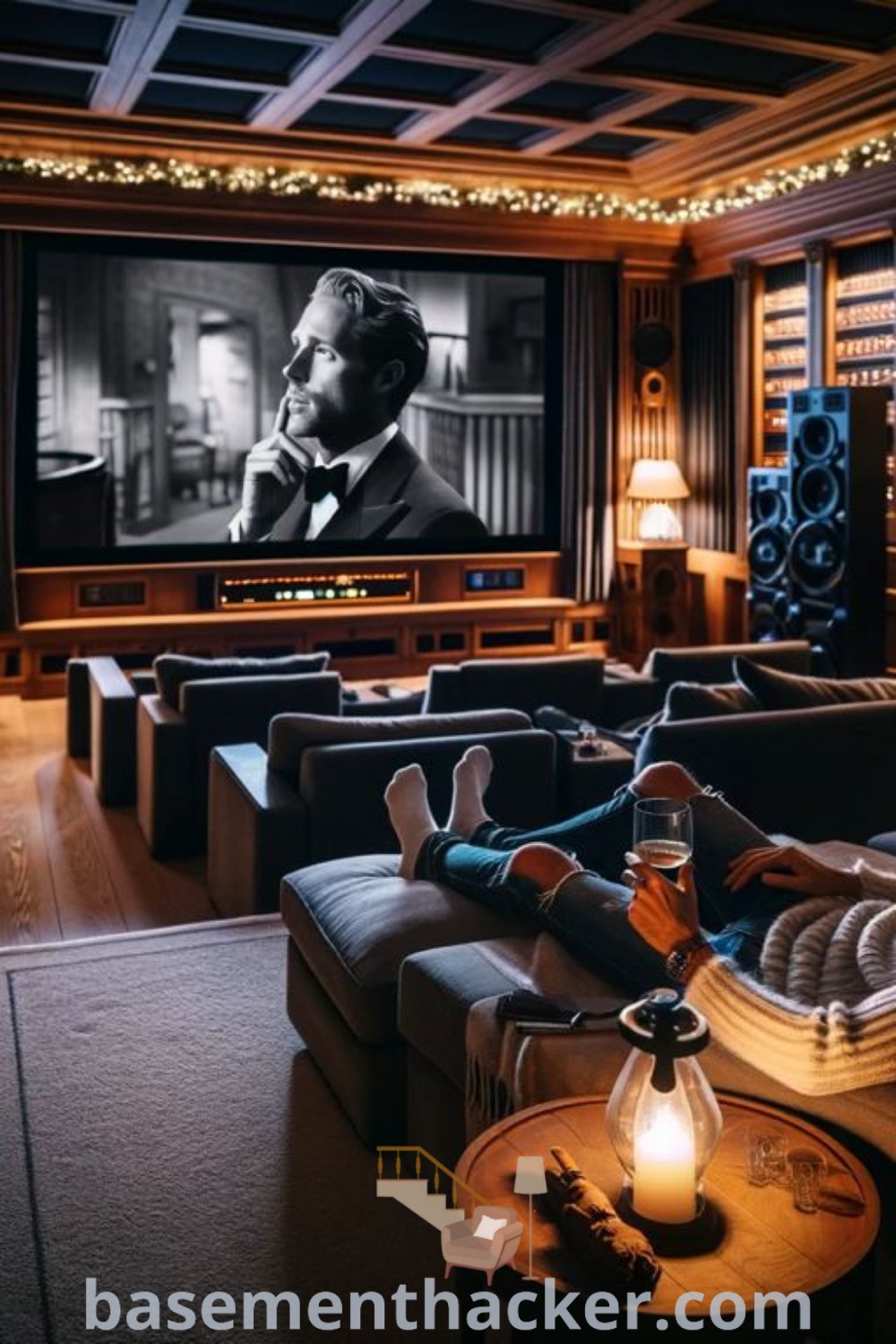 A movie room with two people on couches in front of a large screen, showcasing a cozy and stylish home theater and library space. This design represents the best basement remodeling ideas for families, ideal for ultimate entertaining. Find innovative ideas for designing your dream man cave at basementhacker.com.