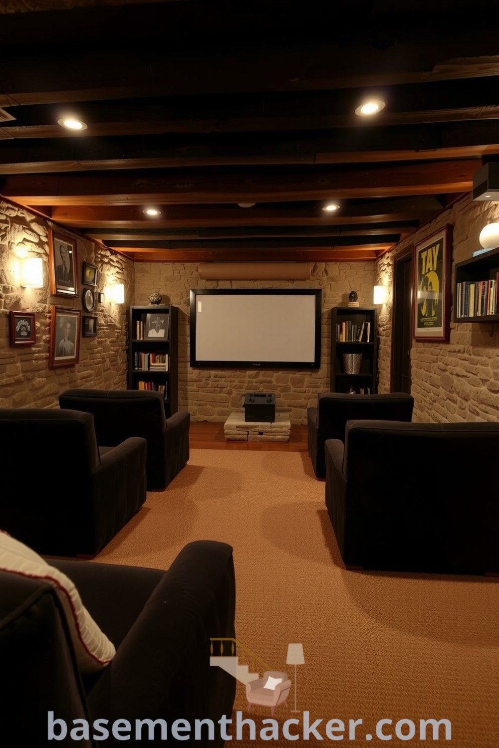 Cozy basement cinema room with dark velvet seating arranged in a semi-circle, rustic wooden beams, ambient lighting, and vintage film memorabilia, ideal for ultimate entertaining and stylish home design, featured on basementhacker.com.