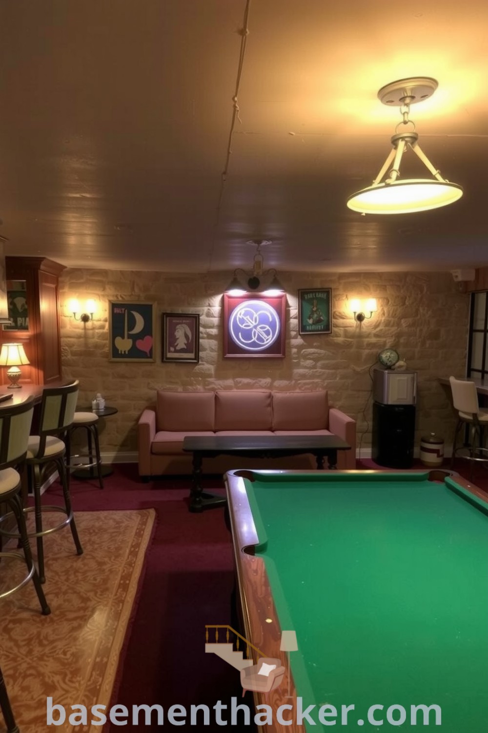 Cozy and stylish basement game room featuring a rustic bar, plush sofas, a well-worn pool table, and warm vintage lamps, perfect for late-night entertaining, available on basementhacker.com.