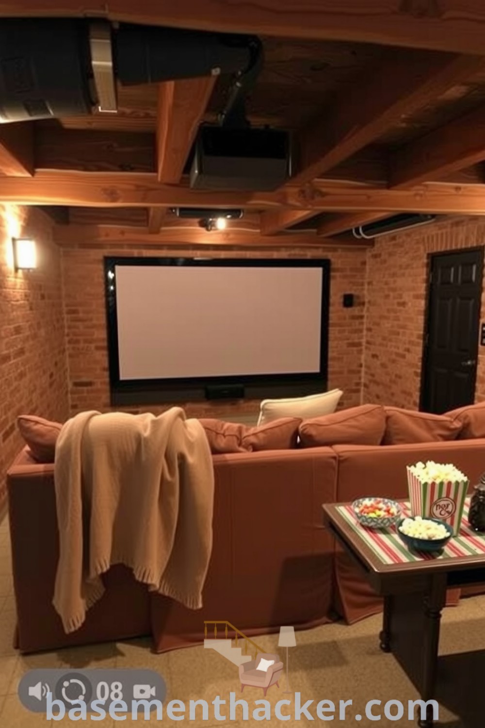 Welcoming basement movie room featuring a plush couch, large screen, exposed brick walls, and warm lighting, designed for ultimate entertaining and cozy gatherings, highlighted on basementhacker.com.