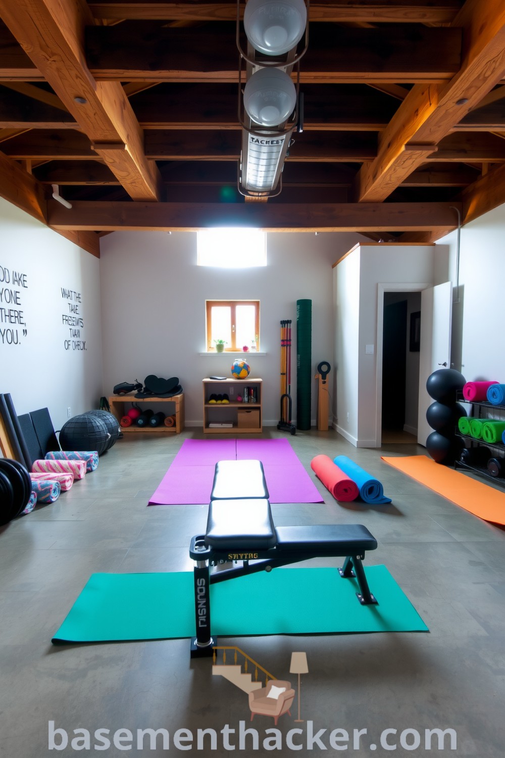 Rustic basement gym with wooden beams, concrete floors, weight bench, and colorful yoga mats, ideal for a stylish & functional home design, featured on basementhacker.com.