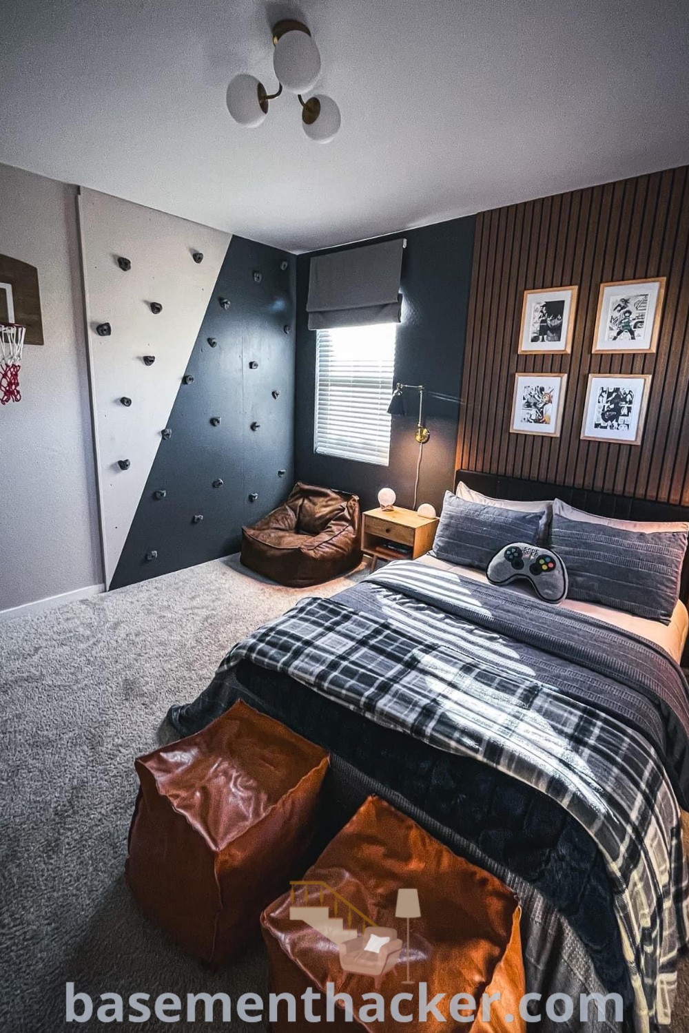 A cozy guest bedroom featuring a neatly made bed and two foot stools, showcasing stylish designs ideal for young boys and teens. This inviting space offers innovative ideas for a stylish and functional home design, providing inspirations for families. Explore more on basementhacker.com.