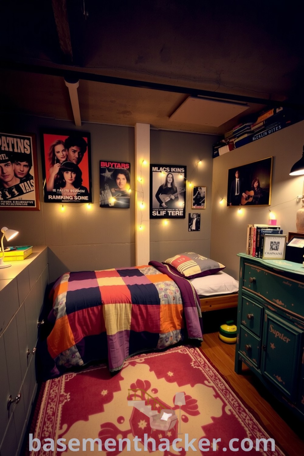 Cozy basement bedroom featuring a twin bed with a patchwork quilt, fairy lights, and vibrant posters, ideal for innovative basement makeover ideas and stylish bonus room design, found on basementhacker.com.