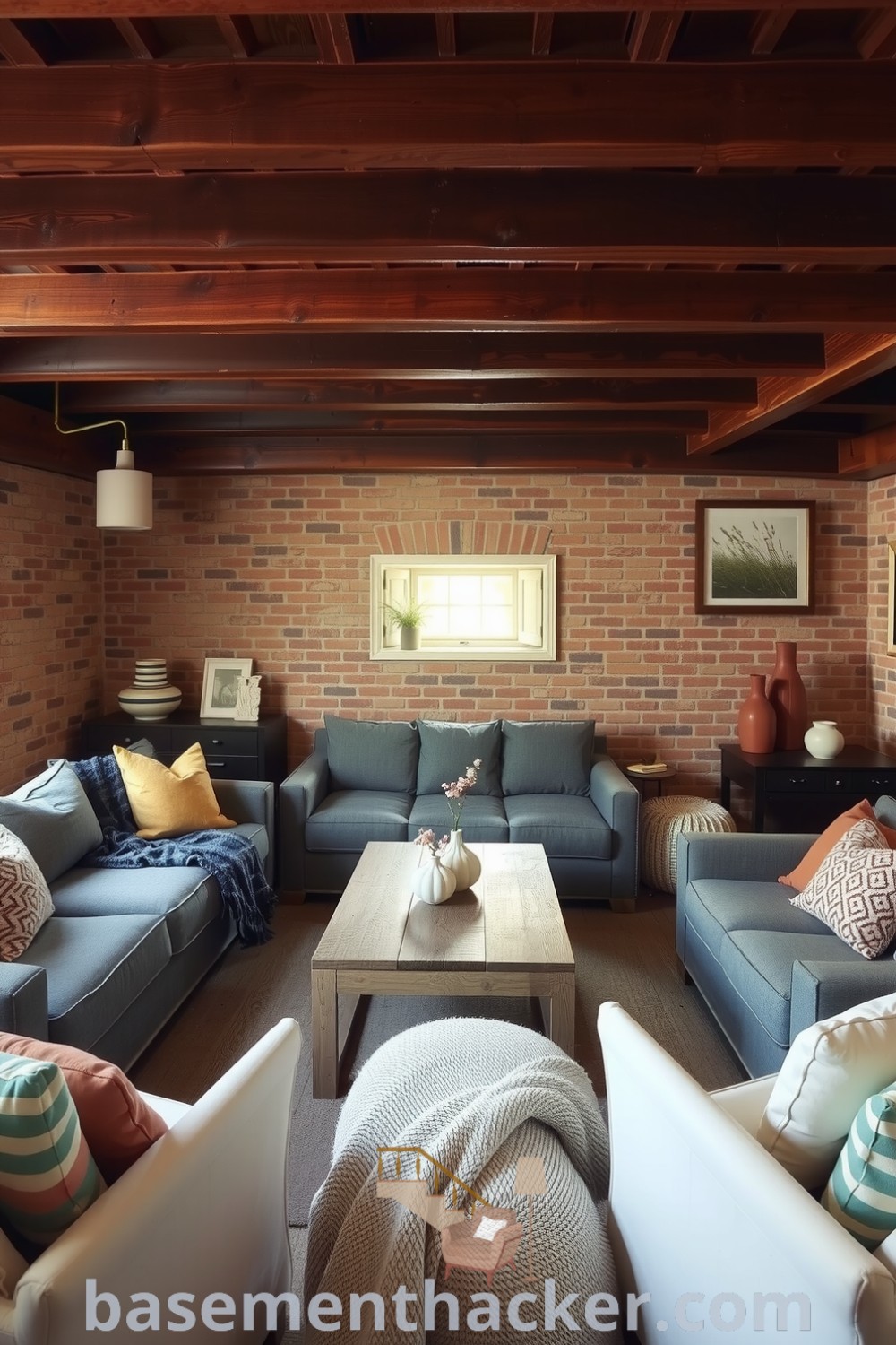 Warm contemporary basement living room featuring plush seating, exposed brick walls, and a reclaimed wood coffee table, ideal for casual gatherings and cozy evenings, highlighted on basementhacker.com.