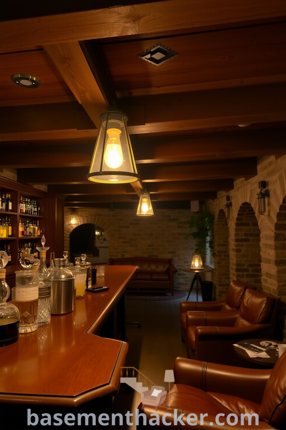 Basement whiskey lounge with rich wooden beams, polished mahogany bar, leather armchairs, and crystal decanters, creating a warm atmosphere ideal for intimate gatherings, featured on basementhacker.com.