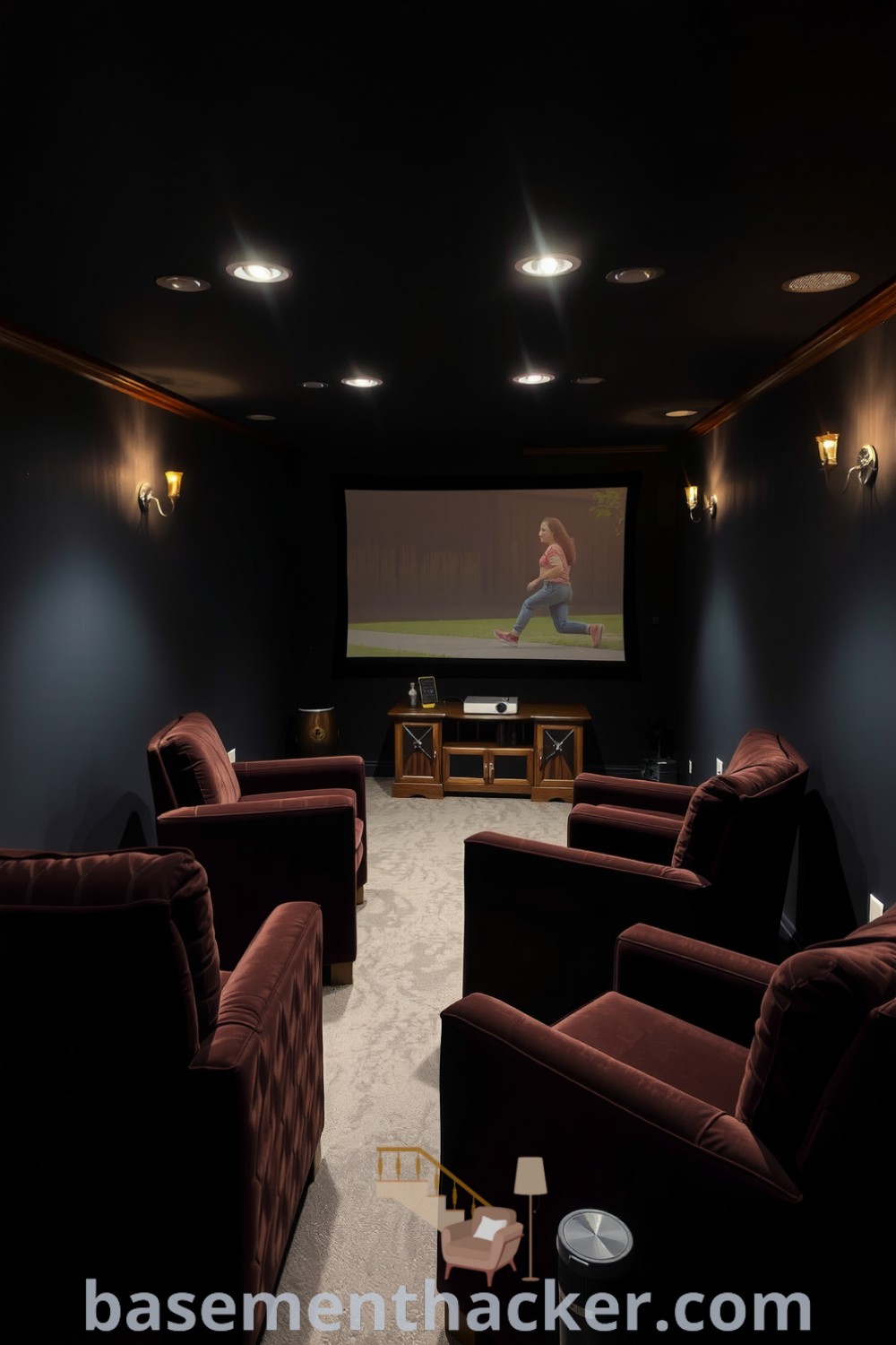Cozy basement cinema room featuring plush velvet armchairs, deep charcoal walls, a projector casting onto a large screen, and flickering amber lights, ideal for ultimate entertaining and stylish bonus room design ideas for families on basementhacker.com.