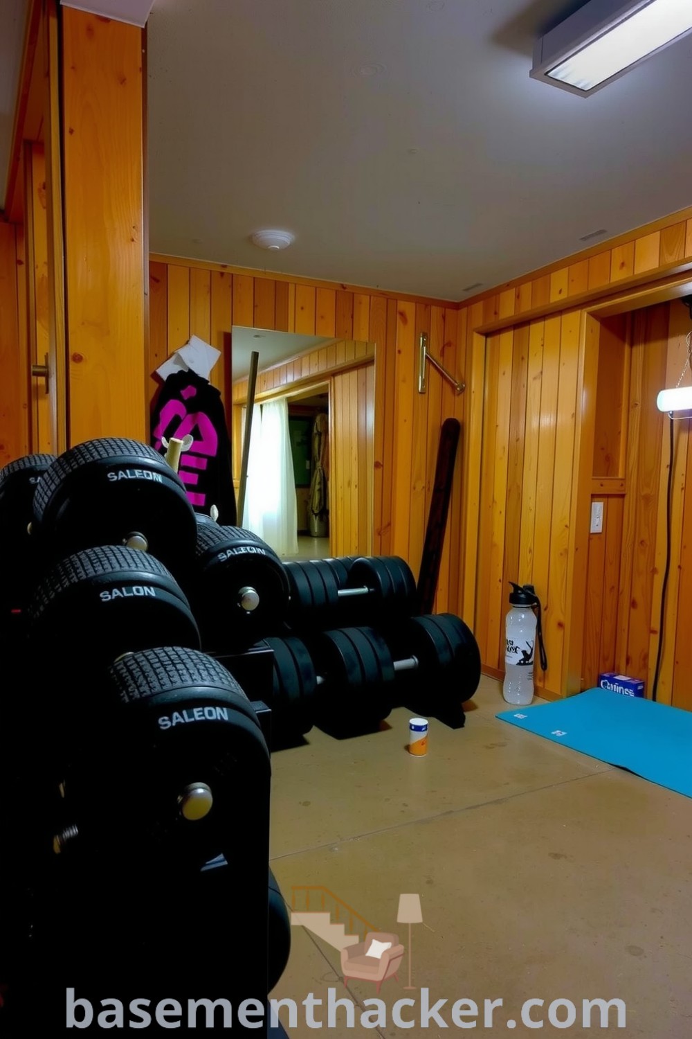 Basement gym featuring weights on a metal rack, warm wood paneling, and a yoga mat, creating a cozy and inviting atmosphere for workouts and reflection, presented on basementhacker.com.