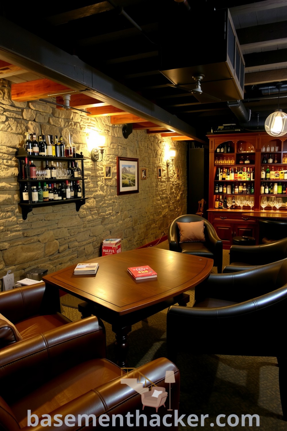 Basement whiskey lounge bar with exposed wooden beams, stone walls, polished mahogany bar, leather chairs, and warm lighting, creating an inviting retreat for casual gatherings, showcased on basementhacker.com.