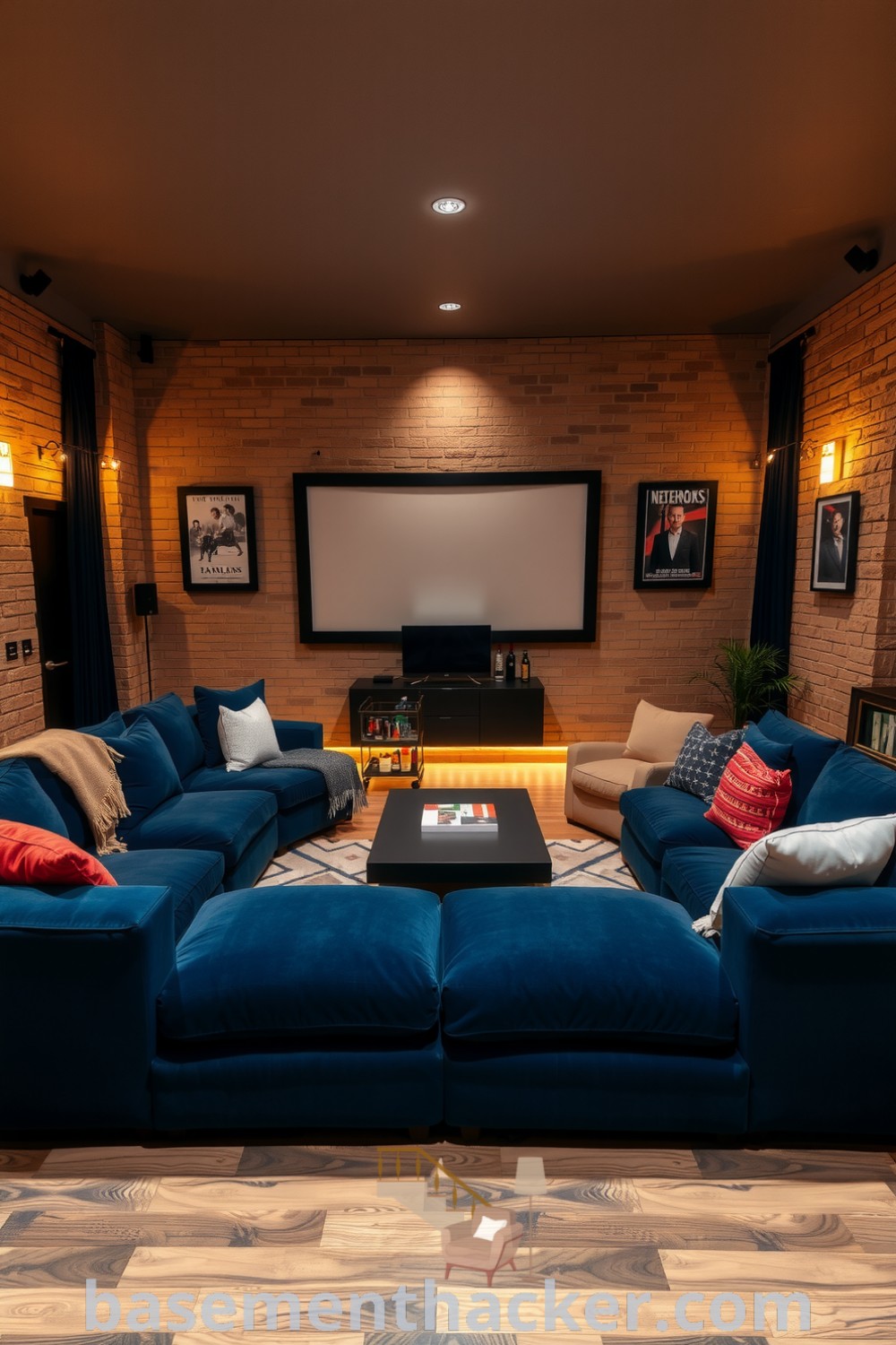 Stylish and cozy movie night space with a deep navy couch, ambient lighting, rustic stone walls, scattered blankets, and a well-stocked bar cart for ultimate entertaining, featured on basementhacker.com.