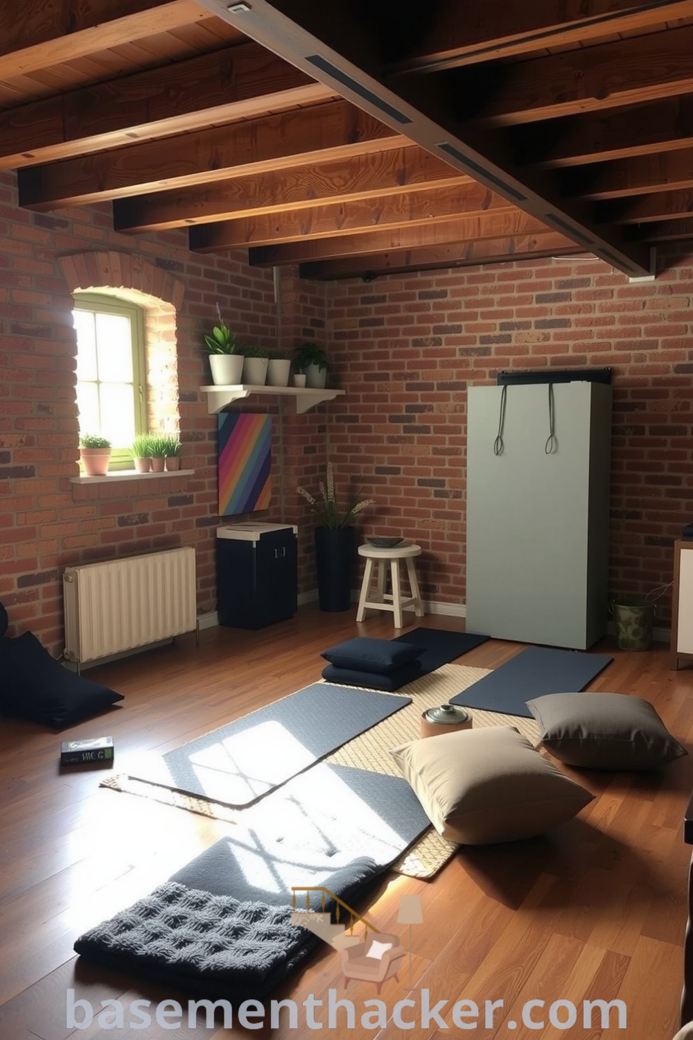 Tranquil basement yoga space with plush mats, cushions, exposed brick walls, and potted plants, designed for relaxation and mindfulness, featured on basementhacker.com.