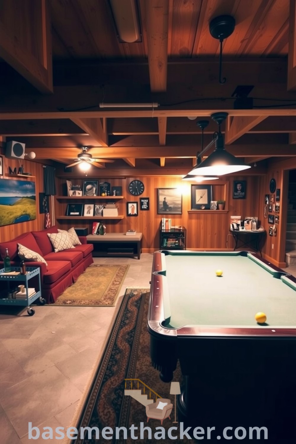 Inviting basement game room featuring wooden beams, a plush sofa, a well-loved pool table, vintage lighting, and a bar cart for a cozy and organized home design, presented on basementhacker.com.