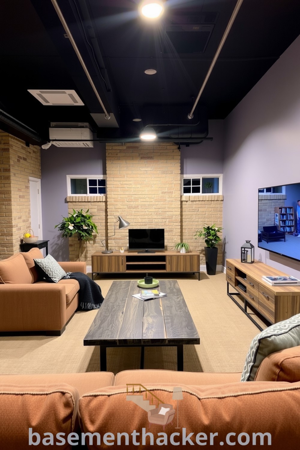 Contemporary Smart-Tech basement living room featuring a plush gray sofa, reclaimed wood coffee table, and smart LED lighting, perfect for ultimate entertaining and stylish bonus space ideas, showcased on basementhacker.com.