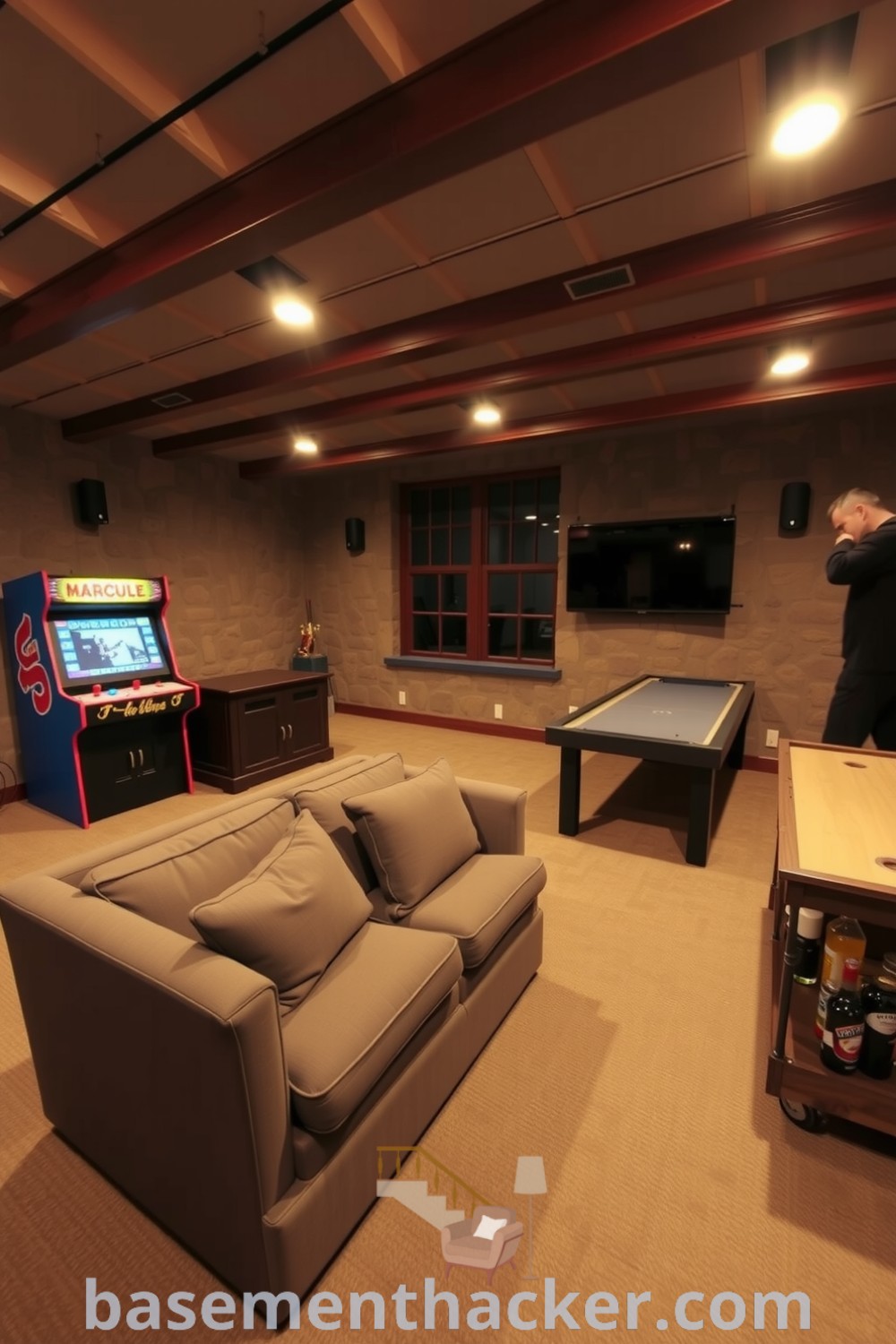 Warm and inviting basement game room featuring a plush loveseat, vintage arcade machine, shuffleboard table, and rustic bar cart, ideal for ultimate entertaining and cozy family fun, showcased on basementhacker.com.