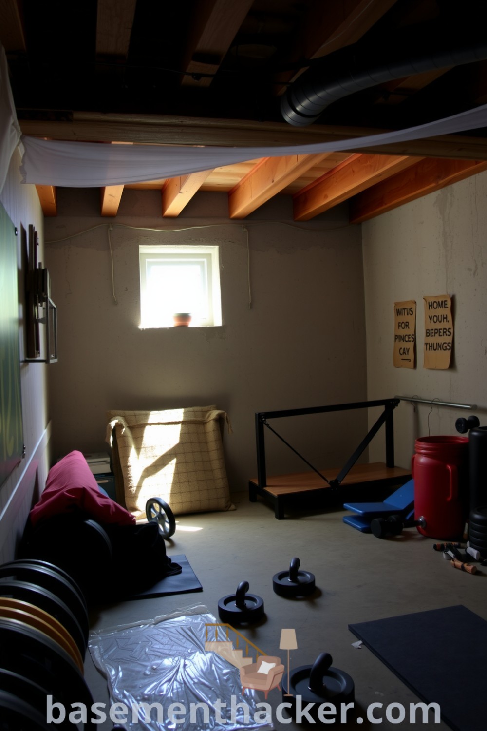Home basement gym featuring exposed beams, a concrete floor, scattered weights and mats, and motivational quotes for a cozy and functional workout space, presented on basementhacker.com.