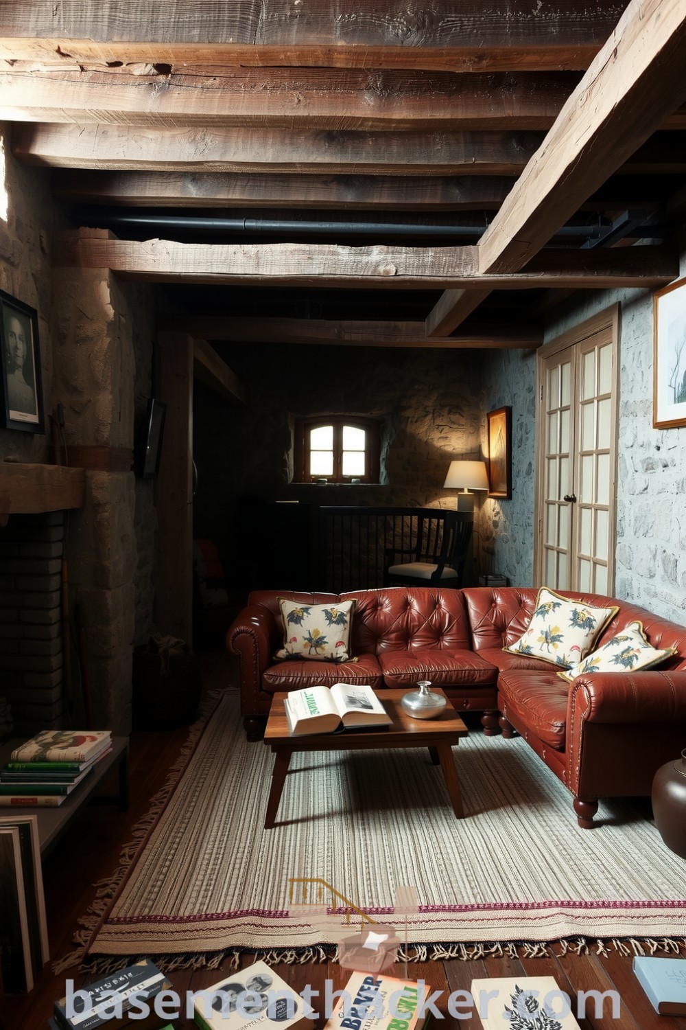 Rustic basement living room with a warm leather couch, exposed wooden beams, and handwoven rug, featuring ambient lighting and well-loved books for a stylish and functional home design, showcased on basementhacker.com.
