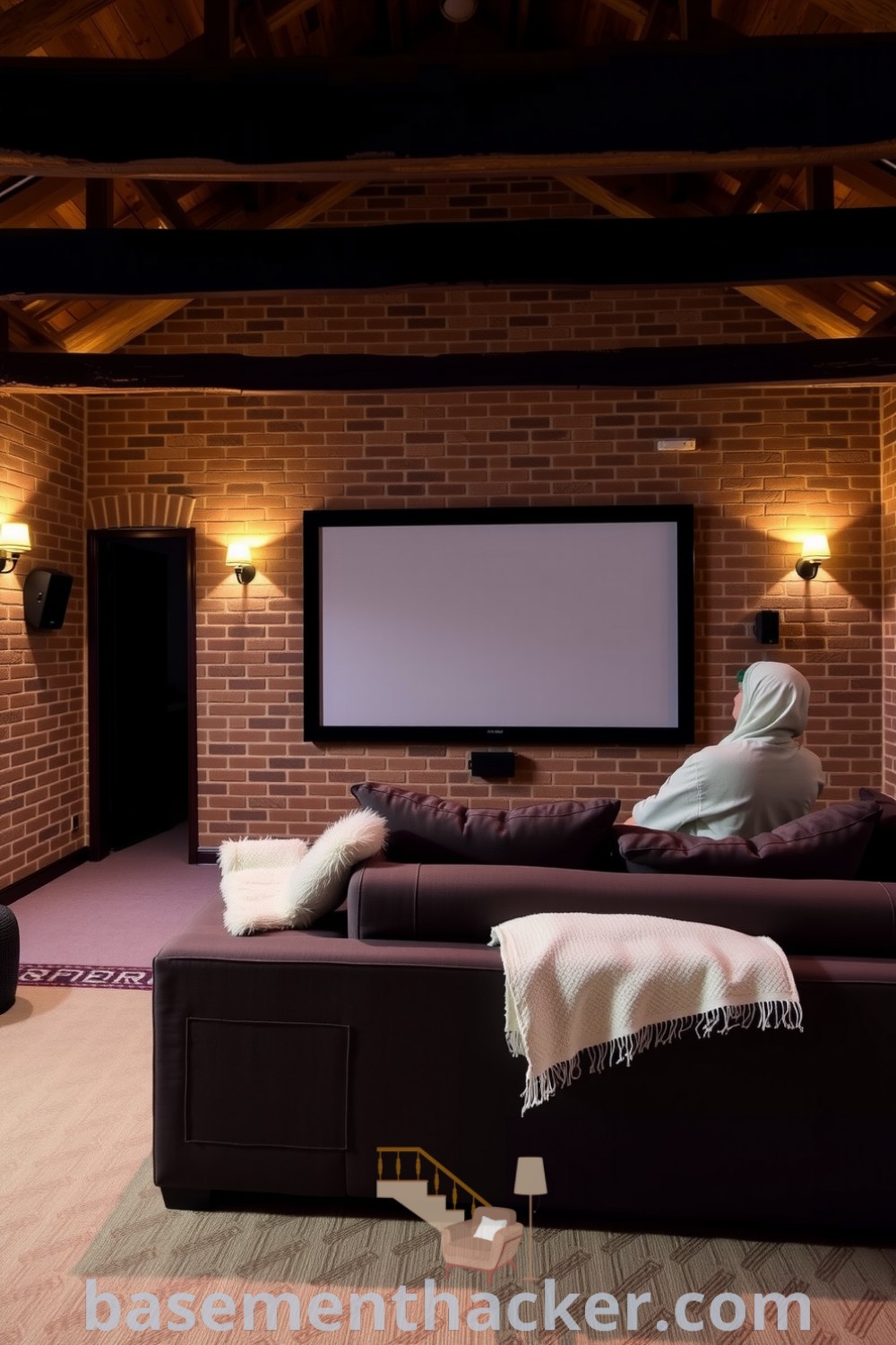 Cozy home theater featuring a plush sofa, warm wall sconces, rustic wooden beams, and thick carpet ideal for ultimate entertaining and stylish family movie nights, showcased on basementhacker.com.