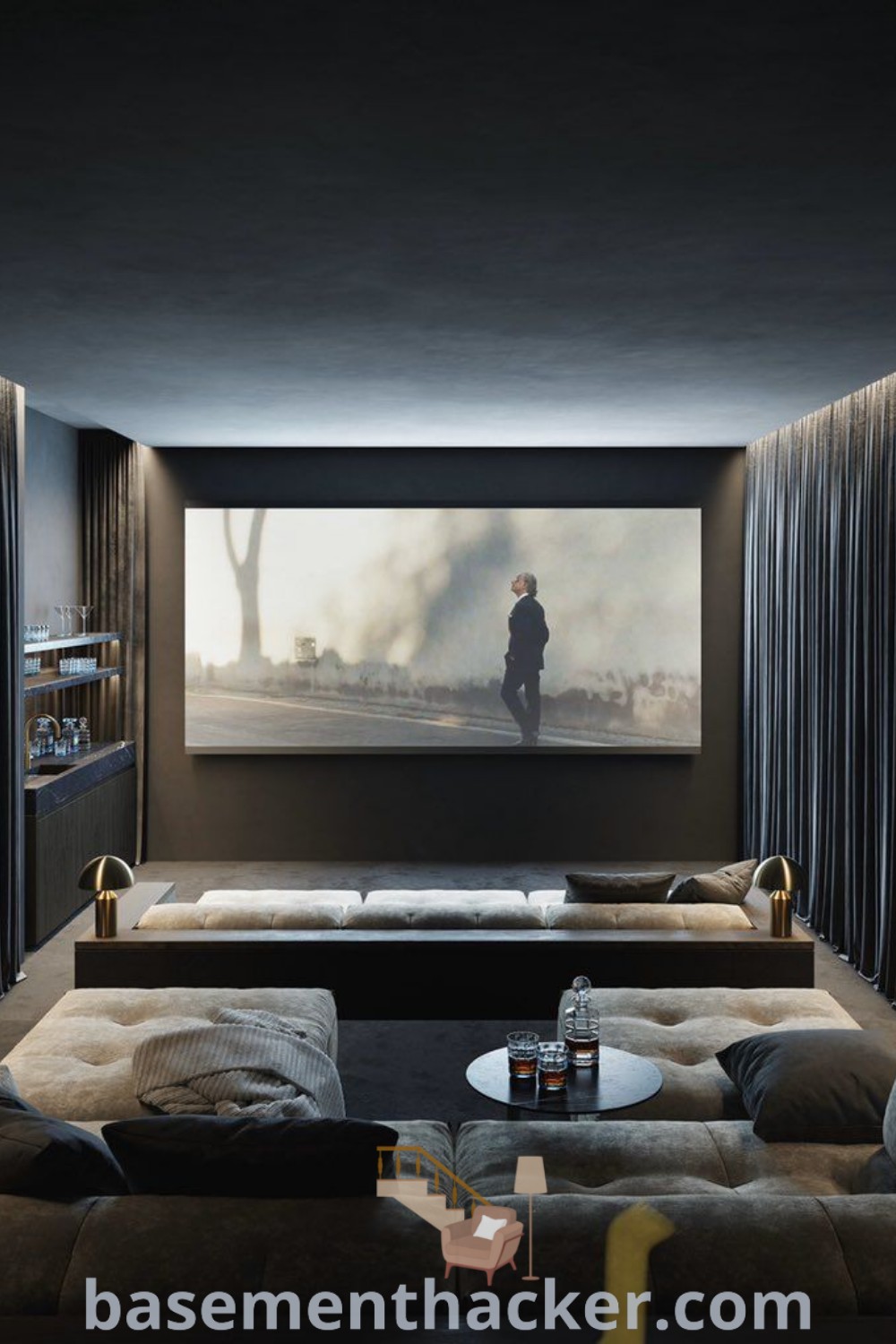 A living room with two couches and a large screen, ideal for the ultimate entertaining experience as a home theater room. Discover innovative ideas for designing a stylish and functional home cinema at basementhacker.com.