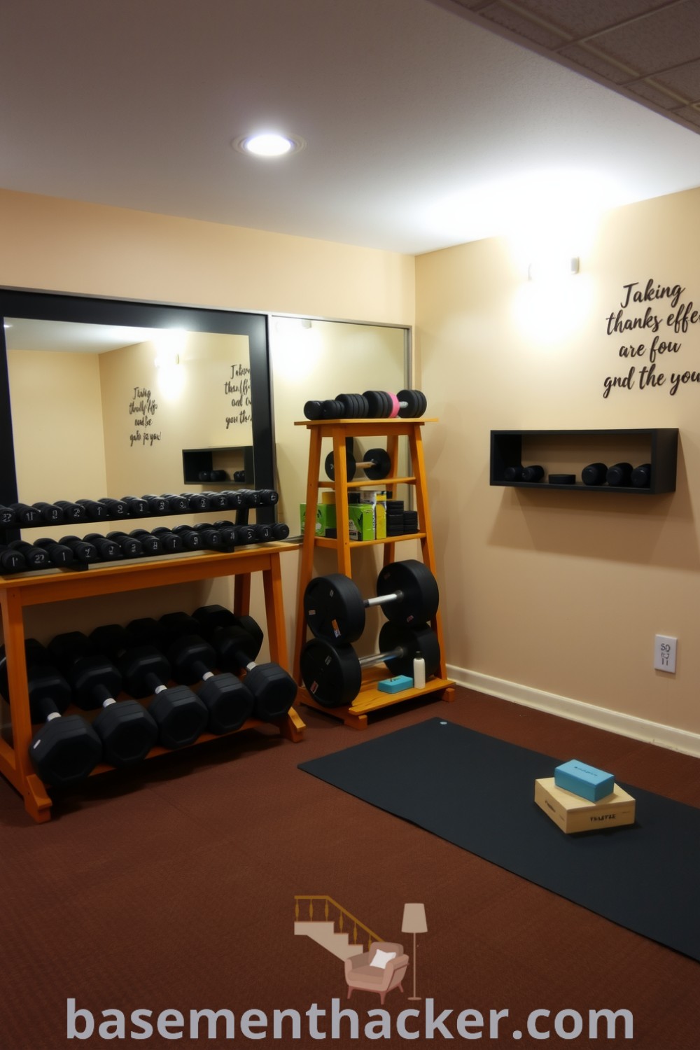 Cozy basement gym featuring weights on a wooden rack, a large mirror, motivational quotes on calming walls, and a dedicated yoga corner, all designed for a stylish and functional home, showcased on basementhacker.com.