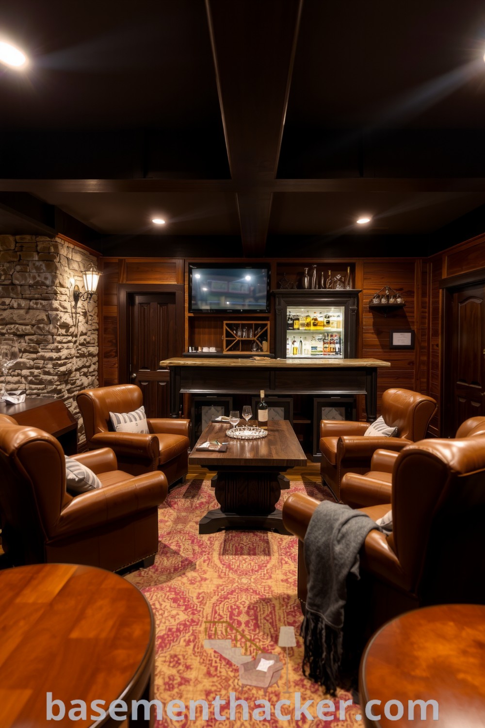 Elegant whiskey lounge featuring rustic wooden paneling, stone walls, plush leather armchairs, and a reclaimed wood bar for ultimate entertaining, presented on basementhacker.com.