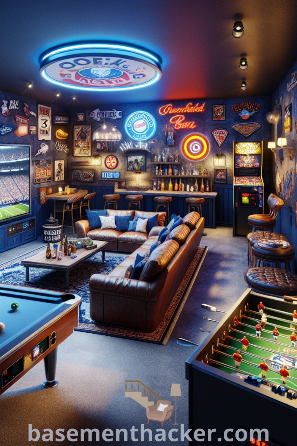 A cozy basement man cave with a home bar, gaming consoles, vintage pinball machine, pool table, and dart board. The deep blue walls adorned with neon signs and quirky posters create a vibrant atmosphere. This design reflects innovative ideas for a stylish and functional home, perfect for creating an ultimate hangout space. Explore more at basementhacker.com.