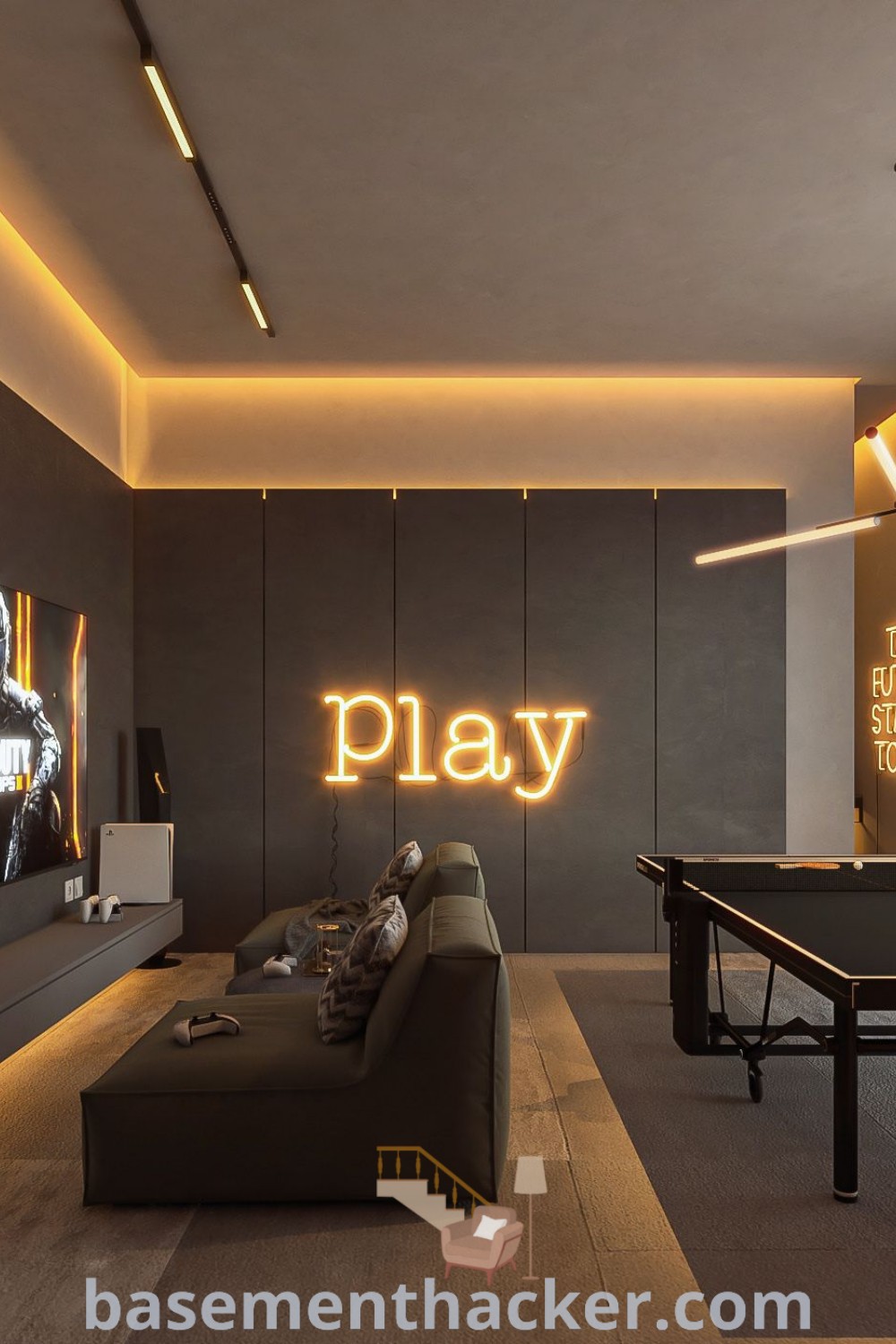 A game room featuring ping pong tables and neon signs, showcasing innovative ideas for designing a stylish and functional space. This dark game room design is perfect for teenager playrooms, offering tons of entertainment options. Discover more tips for creating the perfect game room at basementhacker.com.