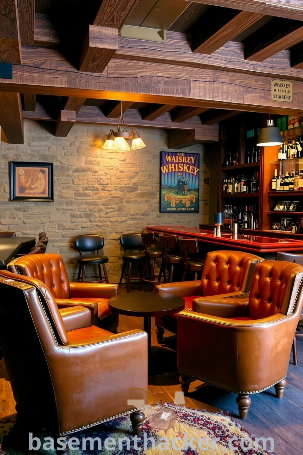 Cozy rustic basement whiskey lounge featuring wooden beams, a stone wall, a mahogany bar, and plush leather armchairs, perfect for ultimate entertaining and stylish bonus space ideas, showcased on basementhacker.com.