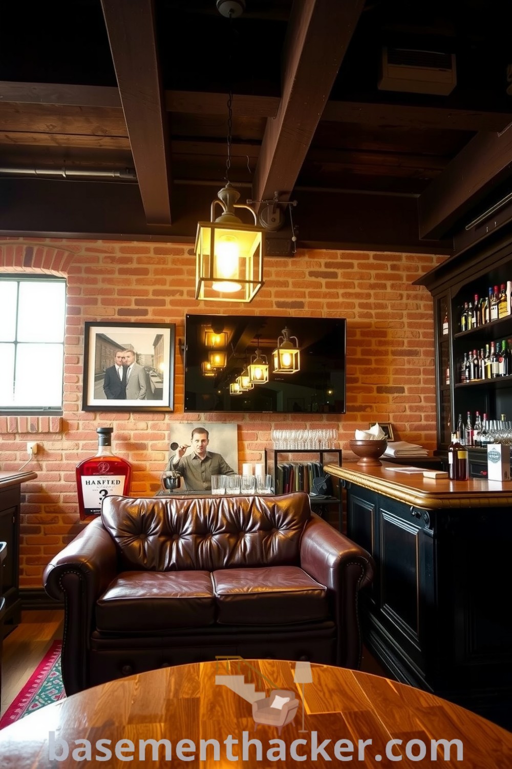 Intimate basement whiskey lounge with exposed brick, reclaimed wood beams, leather sofa, and polished bar, showcasing innovative ideas for designing a cozy and stylish home, featured on basementhacker.com.
