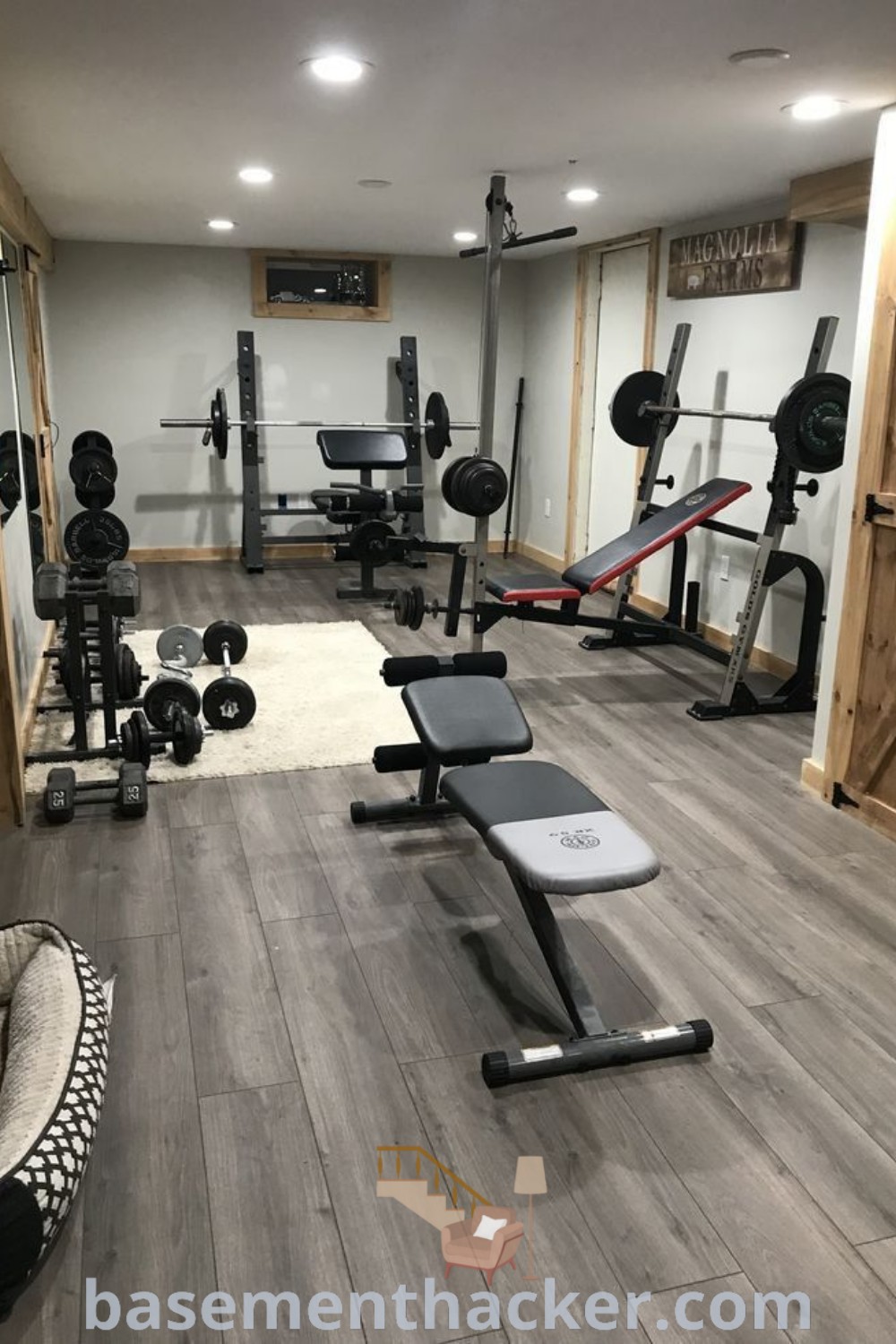 A modern home gym setup in a stylish basement featuring weight machines and exercise equipment. This classy home gym reflects innovative ideas for designing a functional workout space, showcasing the aesthetic and organizational benefits of a dedicated area for fitness. Visit basementhacker.com for more inspiring designs and ideas.