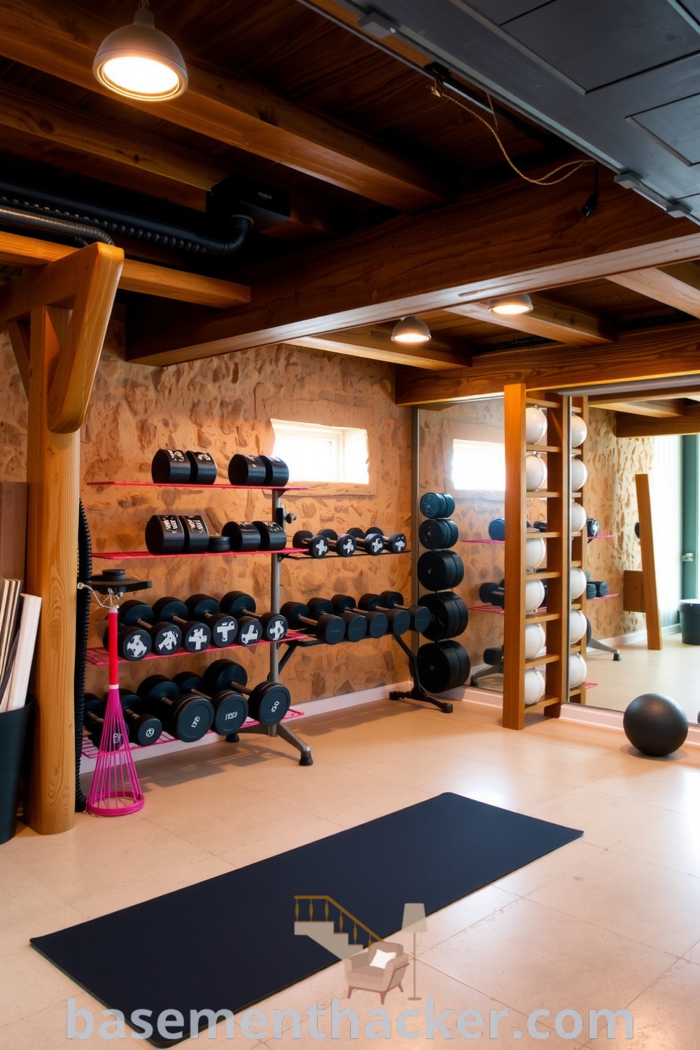 Basement gym featuring exposed wooden beams, stone walls, free weights on a metal rack, and a colorful yoga mat, designed for a cozy and organized home workout, depicted on basementhacker.com.