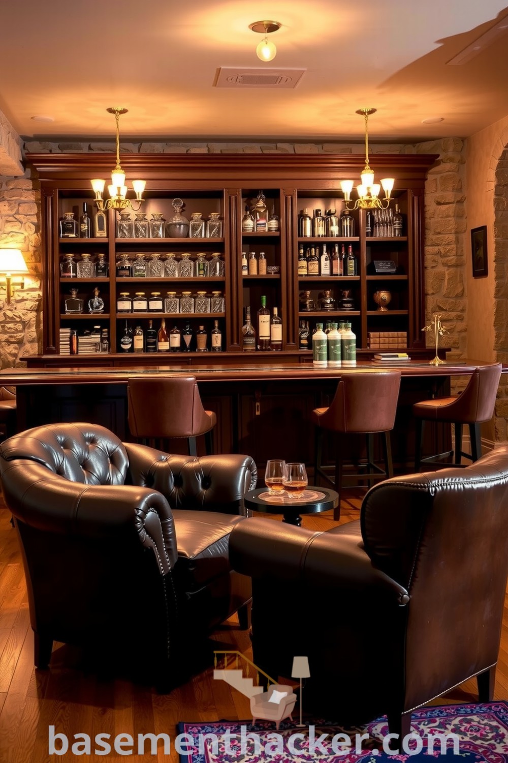 Stylish basement whiskey lounge featuring a dark wood bar with crystal decanters, leather armchairs, and ambient lighting, perfect for ultimate entertaining and cozy gatherings, showcased on basementhacker.com.