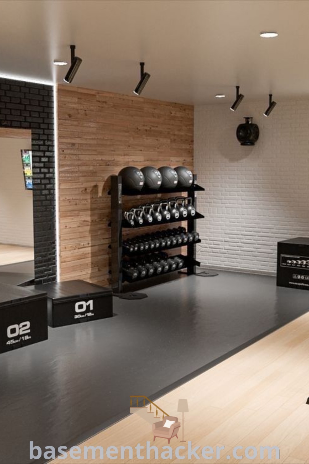 An empty gym basement filled with dumbbells and exercise equipment, showcasing stylish design ideas for a home gym. This workout room emphasizes functionality and aesthetics, providing inspiration for basement makeovers at basementhacker.com.