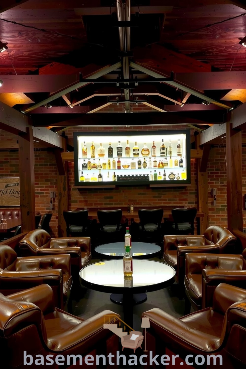 Stylish basement whiskey lounge with rustic wooden beams, leather armchairs, low dark wood tables, and a backlit whiskey shelf, creating a cozy atmosphere for ultimate entertaining, featured on basementhacker.com.
