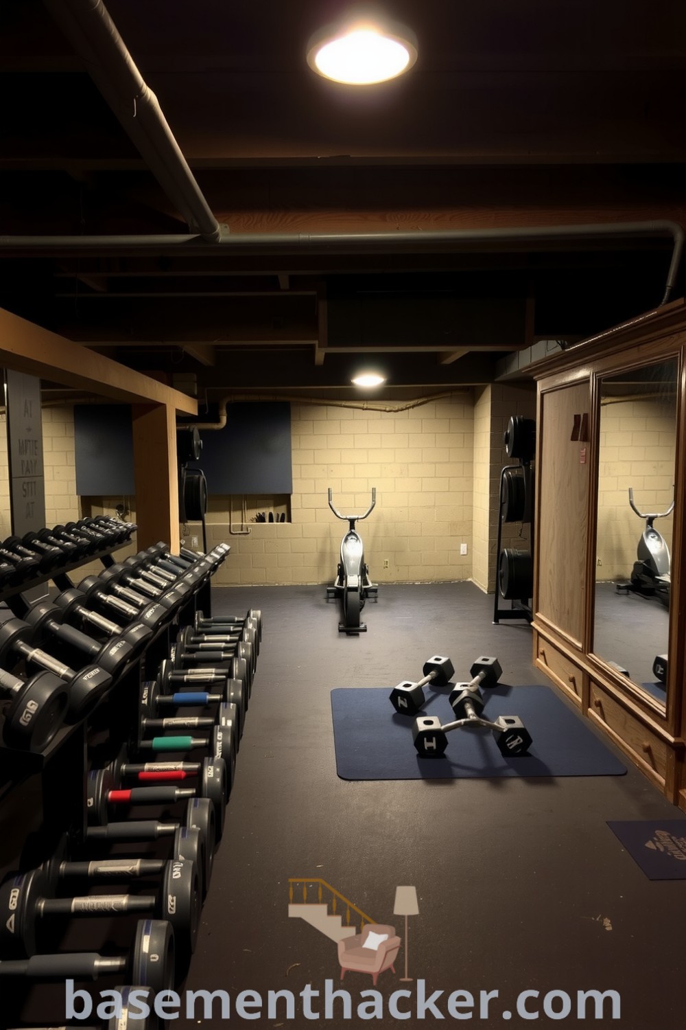 Inviting basement gym featuring rustic wooden beams, vintage rowing machine, and assorted dumbbells, perfect for fitness enthusiasts seeking a cozy and functional workout space, highlighted in innovative basement makeover ideas for a stylish home on basementhacker.com.