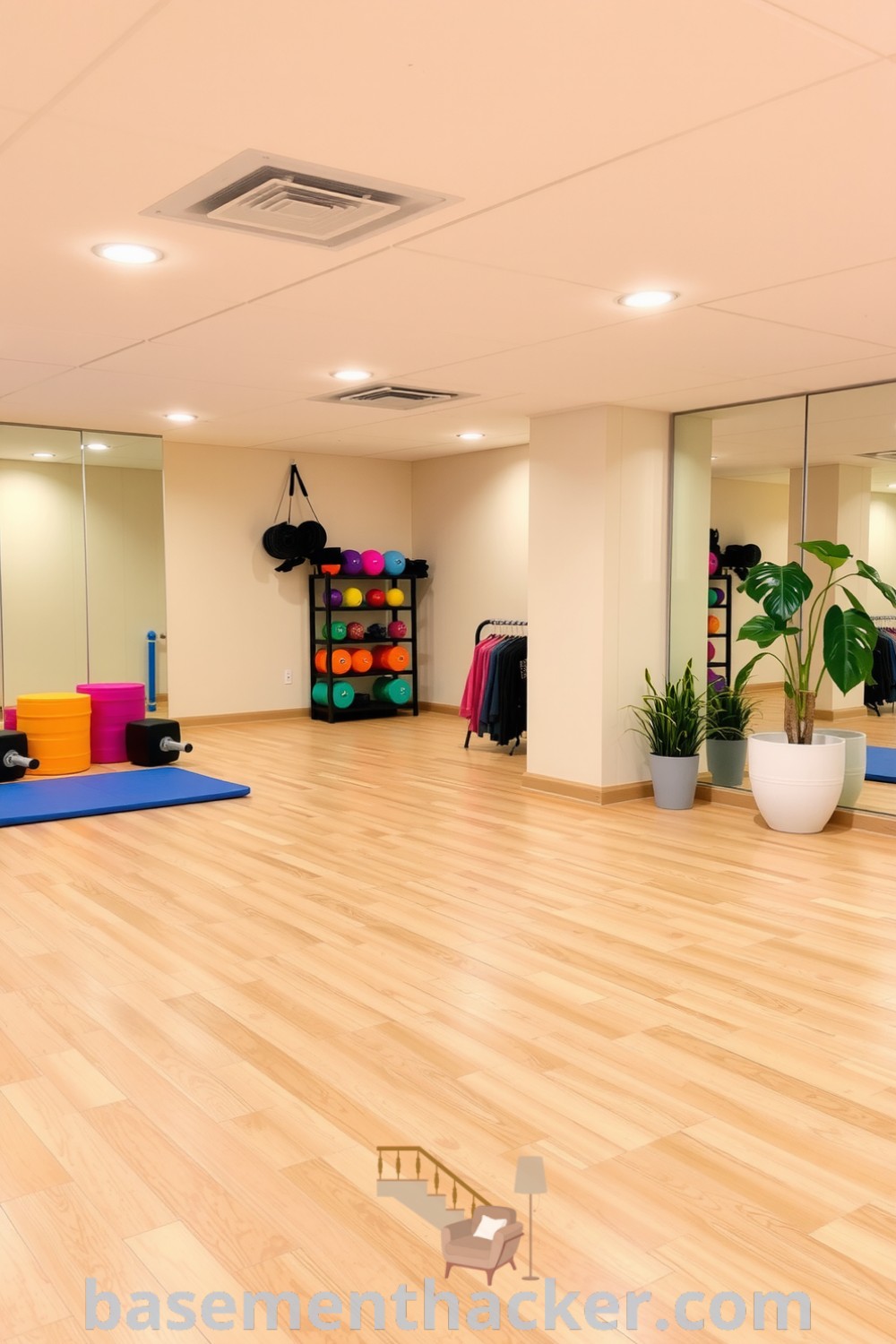 Bright basement dedicated to dance fitness with hardwood floors, mirrored panels, colorful mats, and potted plants, featured on basementhacker.com for innovative ideas for designing a stylish and functional home design.