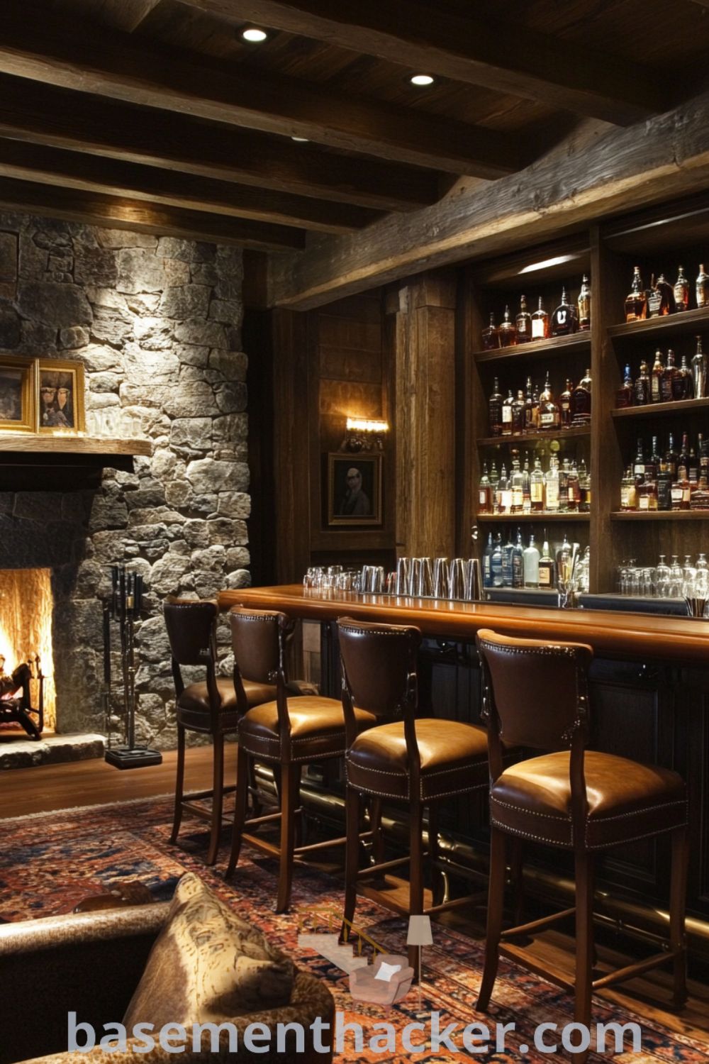 Cozy whiskey lounge in a basement featuring exposed stone walls, oak beams, polished wood bar, antique leather armchairs, and a crackling fireplace; perfect for intimate gatherings and stylish bonus space ideas, showcased on basementhacker.com.