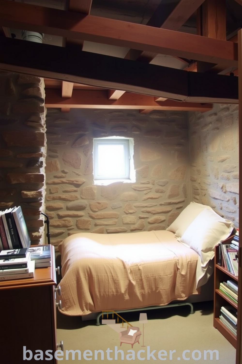 Charming basement bedroom featuring exposed stone walls, wooden beams, plush bed, and a wooden dresser with books and photos, creating a cozy retreat ideal for relaxation, showcased on basementhacker.com.