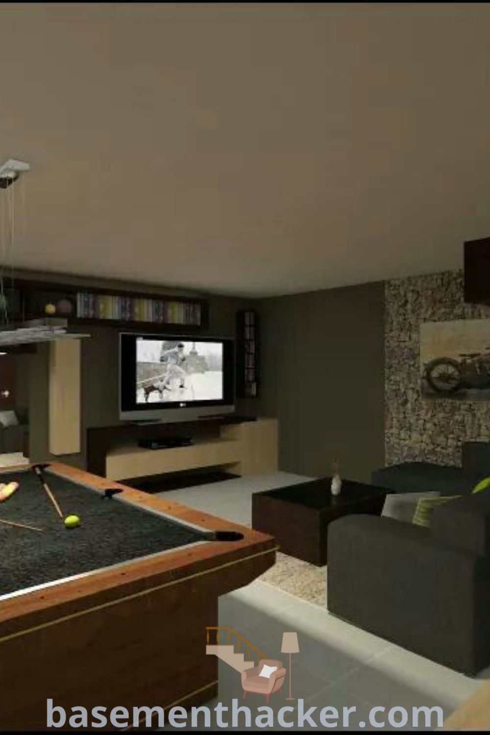 A stylish garage TV room with a flat screen TV mounted above a pool table, designed for ultimate entertaining. This modern basement offers innovative ideas for a cozy and organized home, featuring a pit couch and corner fireplace to create a warm atmosphere. Explore more stylish bonus room design ideas for families at basementhacker.com.